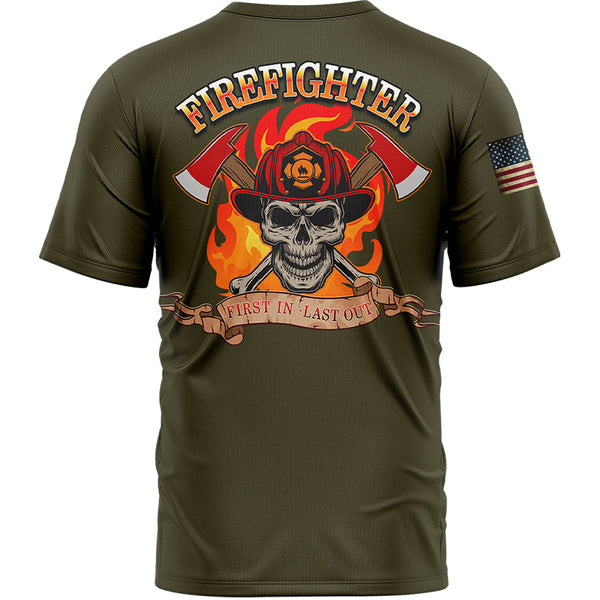 Firefighter First In Last Out Custom Olive American Patriot Name T-Shirt