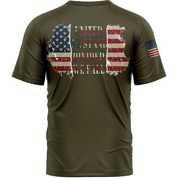 United We Stand Divided We Fall Custom Olive American Patriot Name T-Shirt