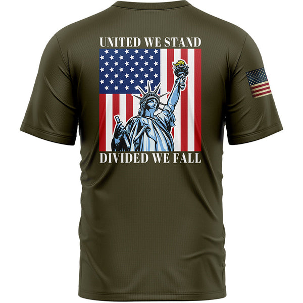United We Stand Divided We Fall Custom Olive American Patriot Name T-Shirt