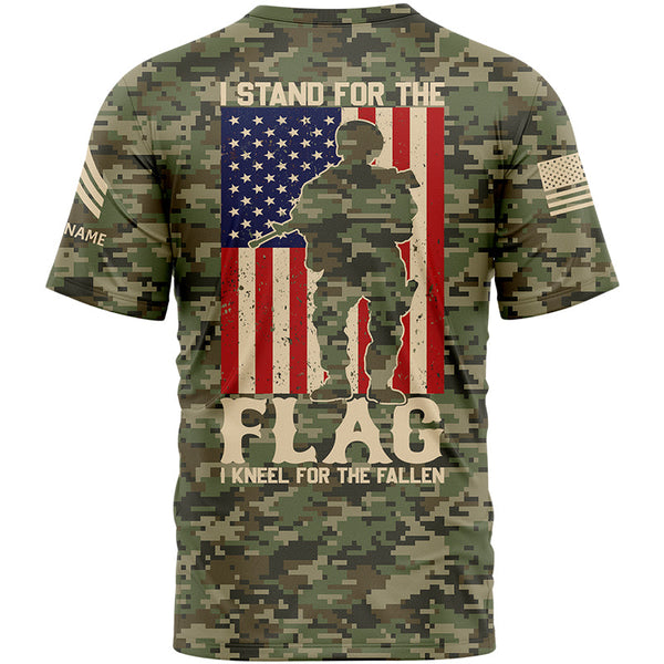 I Stand For Flag I Kneel For The Fallen Custom Camo U.S Army Sergeant Name Veterans Day T-Shirt