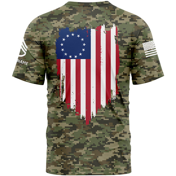 Custom Camo American Flag U.S Army Military Rank Staff sergeant Veteran Name T-Shirt