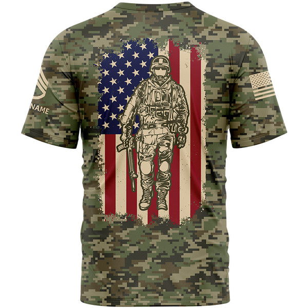 Custom Camo American Flag U.S Army Military Rank Staff sergeant Veteran Name T-Shirt