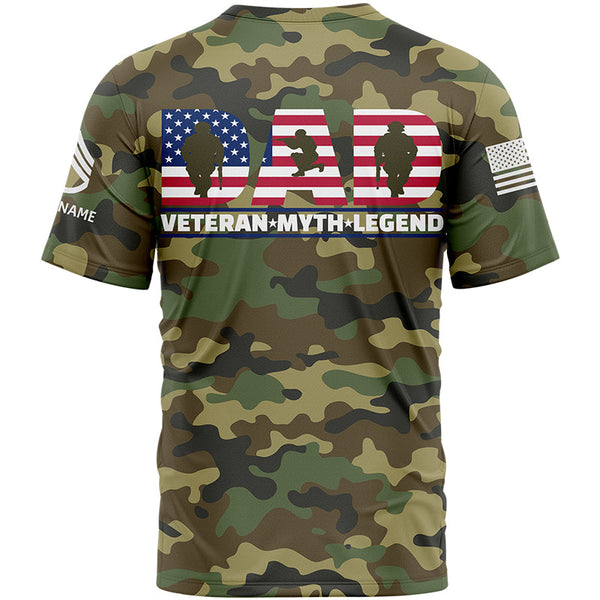 Custom Camo Dad Veteran Myth Legend Flag U.S Army Military Rank Staff sergeant Name Veterans Day T-Shirt | Father's Day Gifts