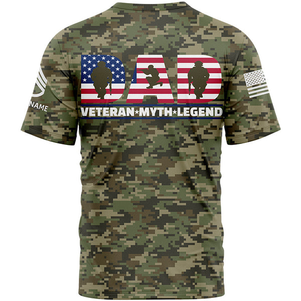 Custom Camo Dad Veteran Myth Legend Flag U.S Army Military Rank Staff sergeant Name Veterans Day T-Shirt | Father's Day Gifts