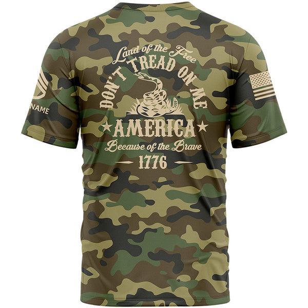 Custom Camo Land Of The Free Don't Tread On Me America Because Of The Brave 1776 U.S Army Military Rank Staff sergeant Veteran Name T-Shirt | Father's Day Gifts