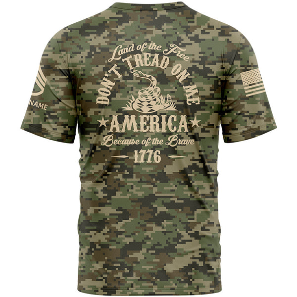 Custom Camo Land Of The Free Don't Tread On Me America Because Of The Brave 1776 U.S Army Military Rank Staff sergeant Veteran Name T-Shirt | Father's Day Gifts