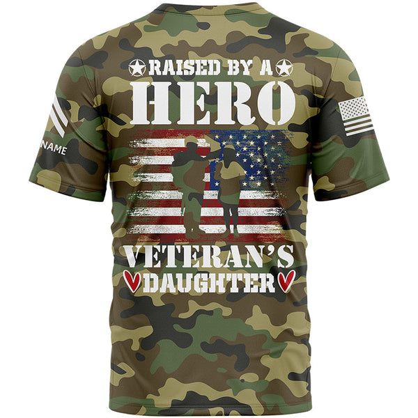 Custom Camo Raised By A Hero Veteran's Daughter 1776 Flag U.S Army Military Rank Corporal Name Veterans Day T-Shirt | Father's Day Gifts