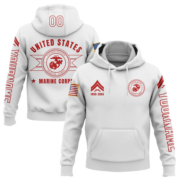 Custom White U.S Marine Corps Military Rank Veteran Name Number Hoodie