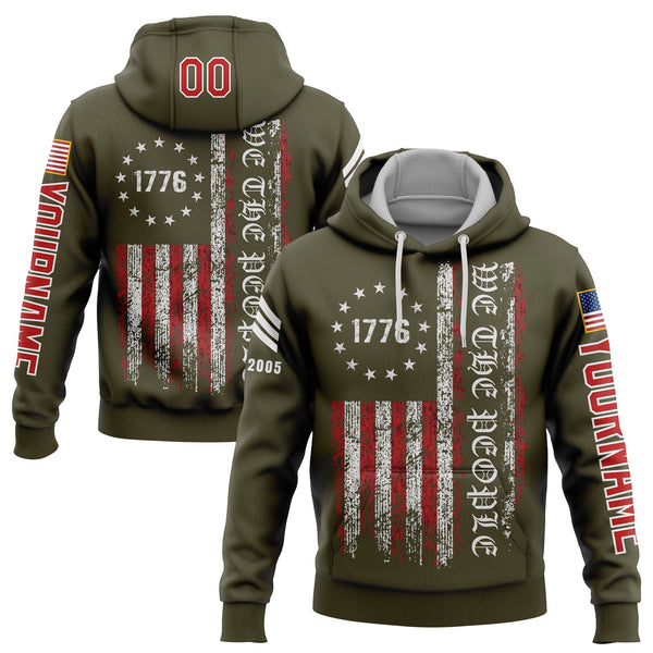 Custom Olive 1776 We The People Freedom American Flag Military Rank Veteran Name Hoodie