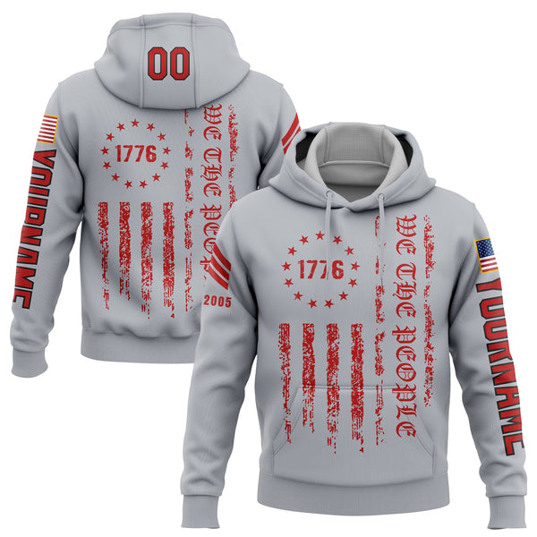 Custom Grey 1776 We The People Freedom American Flag Military Rank Veteran Name Hoodie