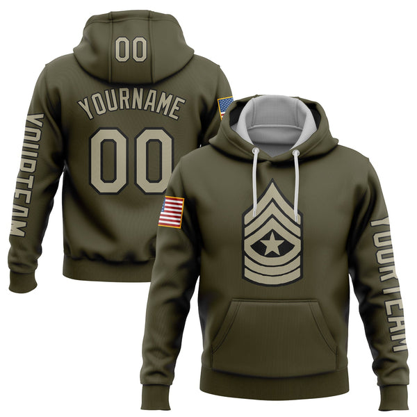 Custom Olive Military Rank Veteran Name Hoodie