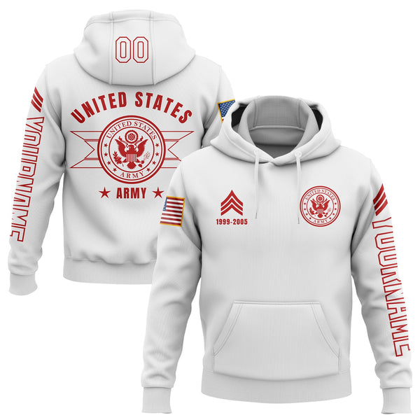 Custom White U.S Army Military Rank Veteran Name Number Hoodie
