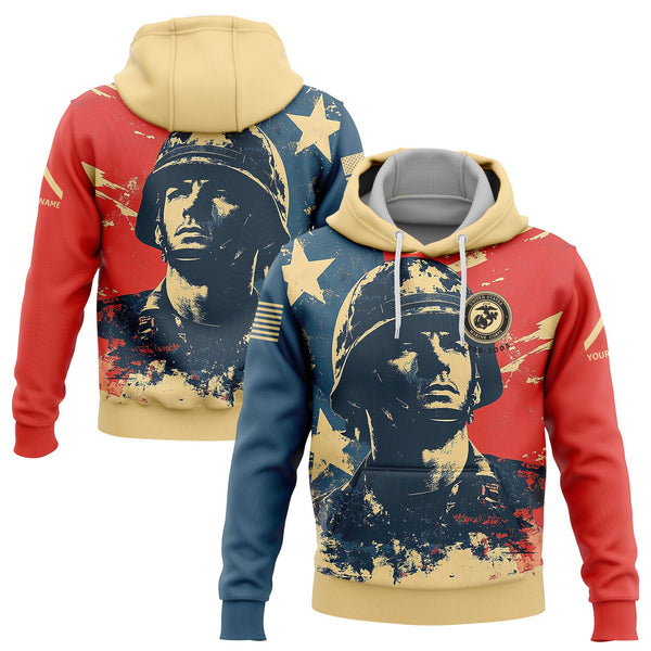 Custom Red Blue American Military Rank Veteran Name Hoodie