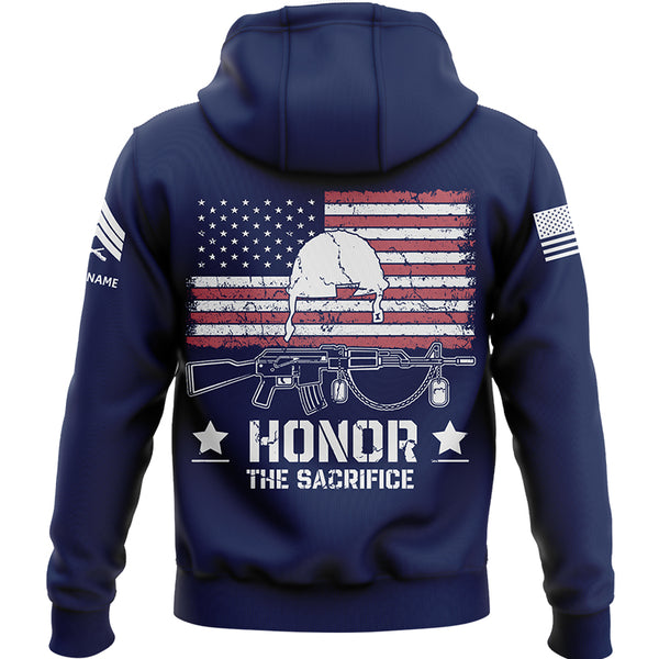 Honor The Sacrifice Custom Navy American Flay Military Rank Veteran Name Memorial Day Hoodie