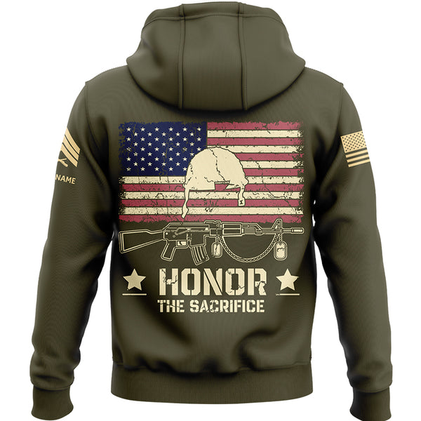 Honor The Sacrifice Custom Olive American Flay Military Rank Veteran Name Memorial Day Hoodie