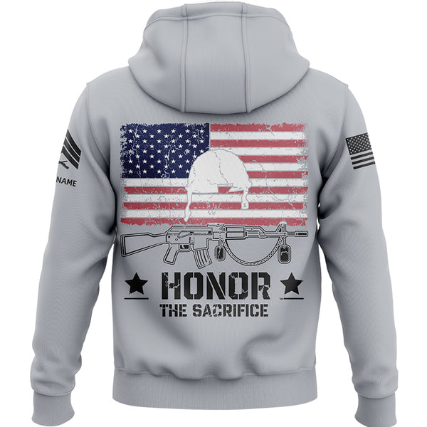 Honor The Sacrifice Custom Grey American Flay Military Rank Veteran Name Memorial Day Hoodie