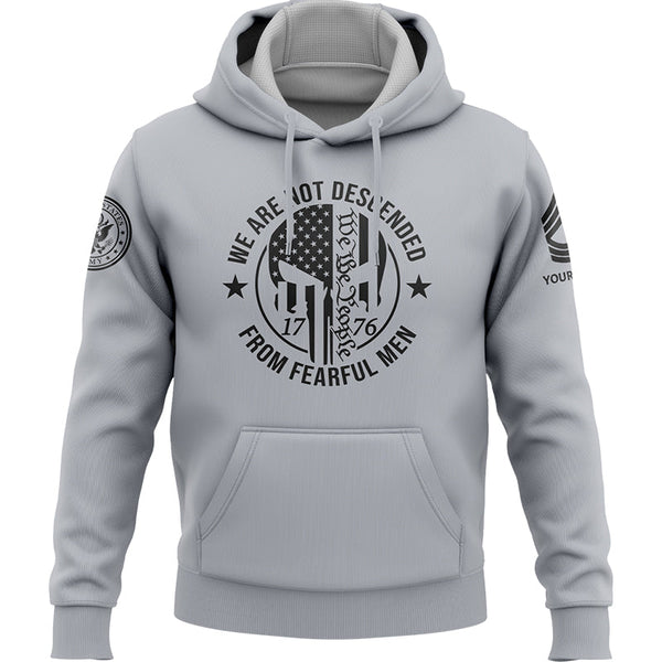 Custom Grey 1776 We Are Not Descended From Fearful Men Military Rank Veteran Name Hoodie