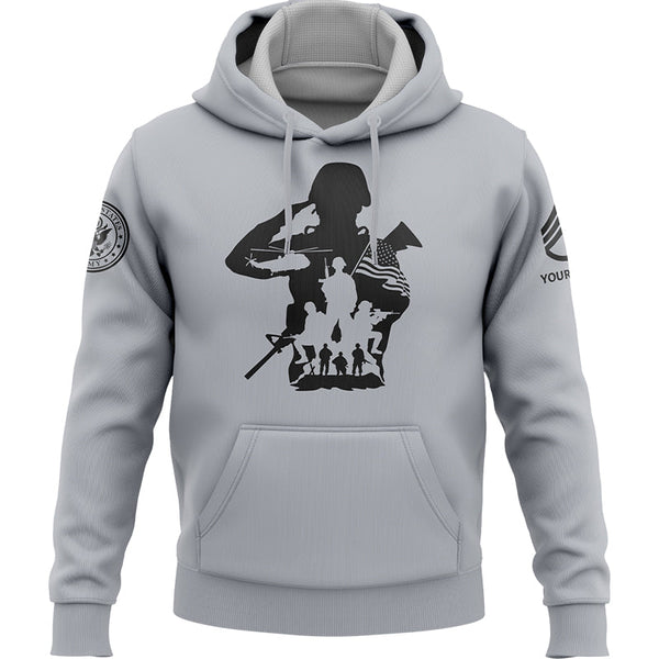 Custom Grey USA Military Rank Veteran Name Hoodie