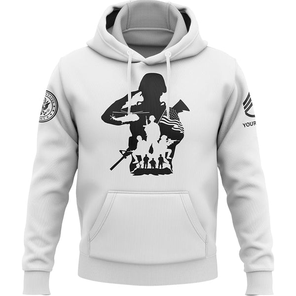 Custom White USA Military Rank Veteran Name Hoodie
