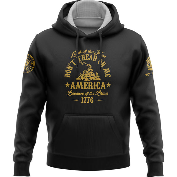 Custom Black Land OF The Free Don't Tread On Me America Because Of The Brave 1776 Military Rank Veteran Name Hoodie