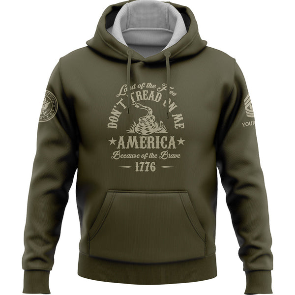 Custom Olive Land OF The Free Don't Tread On Me America Because Of The Brave 1776 Military Rank Veteran Name Hoodie