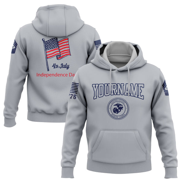 Custom Grey 4th July American Flag Military Rank Name Independence Day Hoodie | Father's Day Gifts