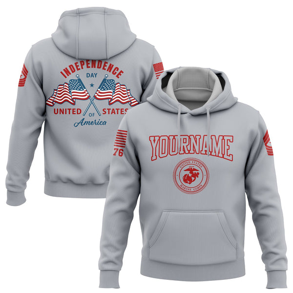 Custom Grey American Flag Military Rank Name Independence Day Hoodie | Father's Day Gifts
