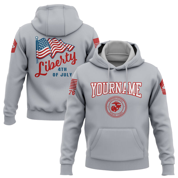 Custom Grey American Flag Military Rank Name Independence Day Hoodie | Father's Day Gifts