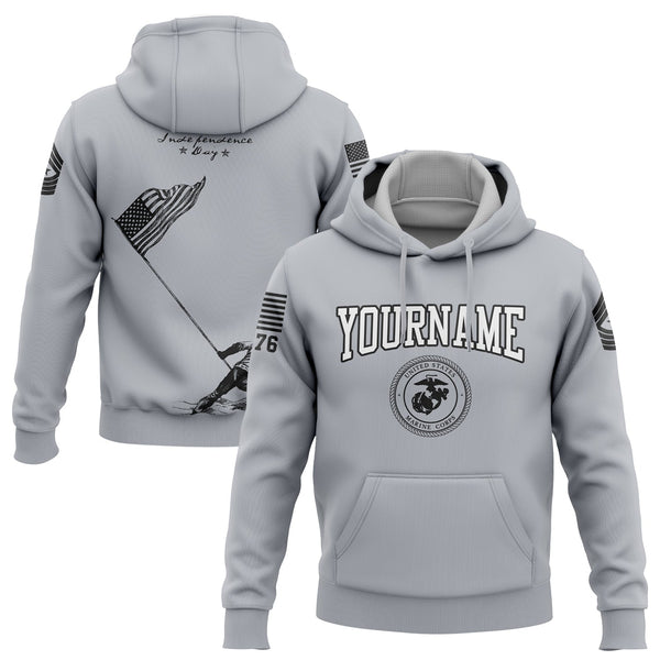 Custom Grey American Flag Military Rank Name Independence Day Hoodie | Father's Day Gifts
