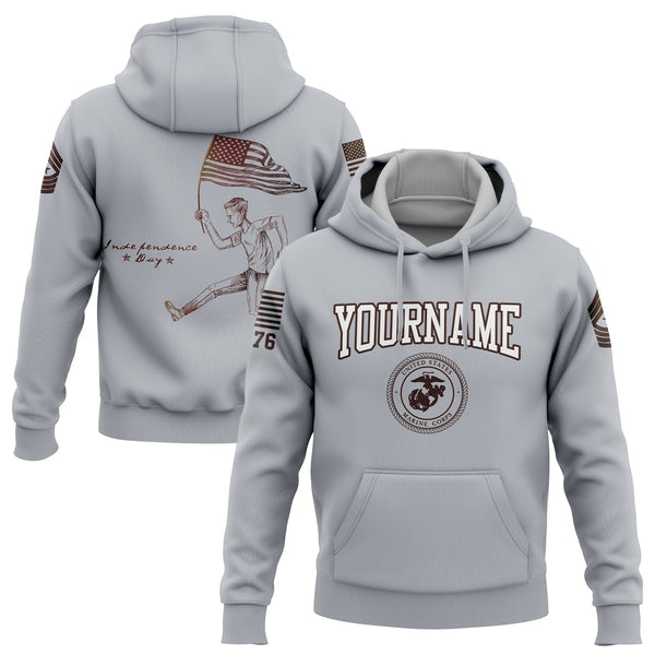 Custom Grey American Flag Military Rank Name Independence Day Hoodie | Father's Day Gifts