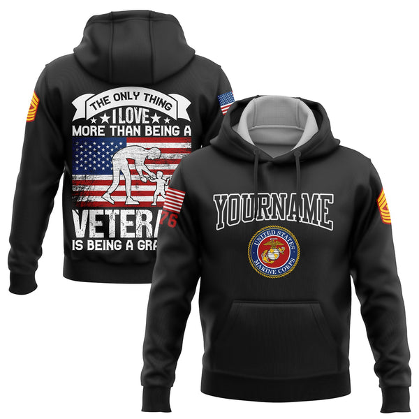 Custom Black The Only Thing I Love More Than Being A Veteran Is Being A Grandpa 1776 Flag Military Rank Name Veterans Day Hoodie | Father's Day Gifts