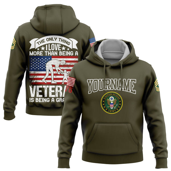 Custom Olive The Only Thing I Love More Than Being A Veteran Is Being A Grandpa 1776 Flag Army Military Rank Name Veterans Day Hoodie | Father's Day Gifts
