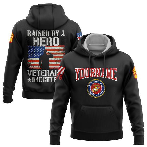 Custom Black Raised By A Hero 1776 Flag U.S Marine Corps Military Rank Name Veterans Day Hoodie | Father's Day Gifts
