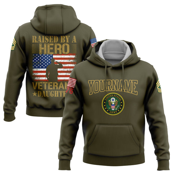 Custom Olive Raised By A Hero 1776 Flag U.S Army Military Rank Name Veterans Day Hoodie | Father's Day Gifts