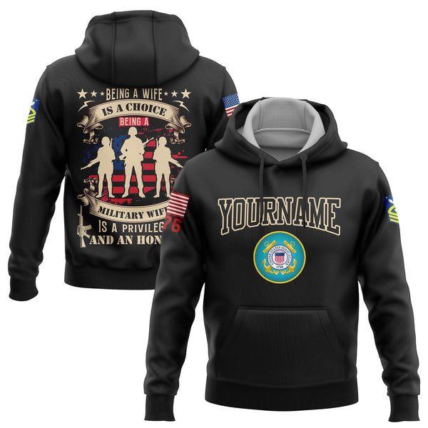 Custom Black Being A Wife Is A Choice Being A Military Wife 1776 Flag U.S Coast Guard Military Rank Name Veterans Day Hoodie | Father's Day Gifts