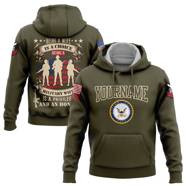 Custom Olive Being A Wife Is A Choice Being A Military Wife 1776 Flag U.S Navy Military Rank Name Veterans Day Hoodie | Father's Day Gifts