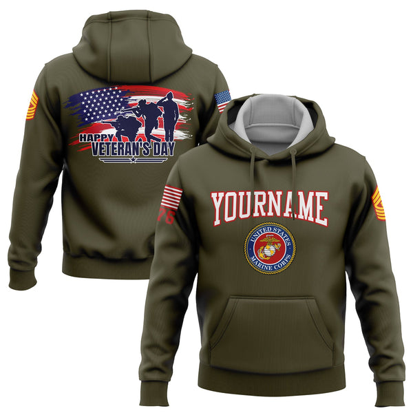 Custom Olive 1776 Flag U.S Marine Corps Military Rank Name Veterans Day Hoodie | Father's Day Gifts