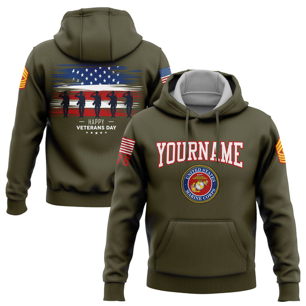 Custom Olive 1776 Flag U.S Marine Corps Military Rank Name Veterans Day Hoodie | Father's Day Gifts
