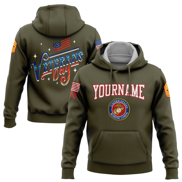 Custom Olive 1776 Flag U.S Marine Corps Military Rank Name Veterans Day Hoodie | Father's Day Gifts