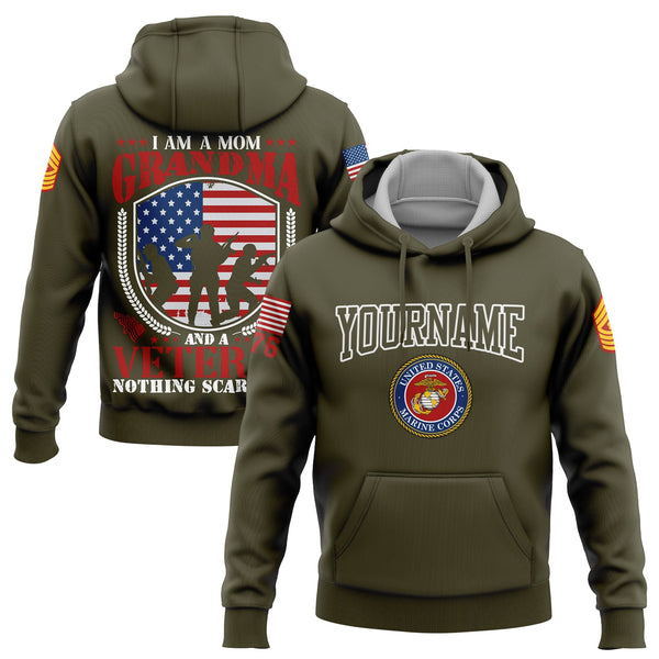 Custom Olive I'm A Mom Grandma 1776 Flag U.S Marine Corps Military Rank Name Veterans Day Hoodie | Father's Day Gifts