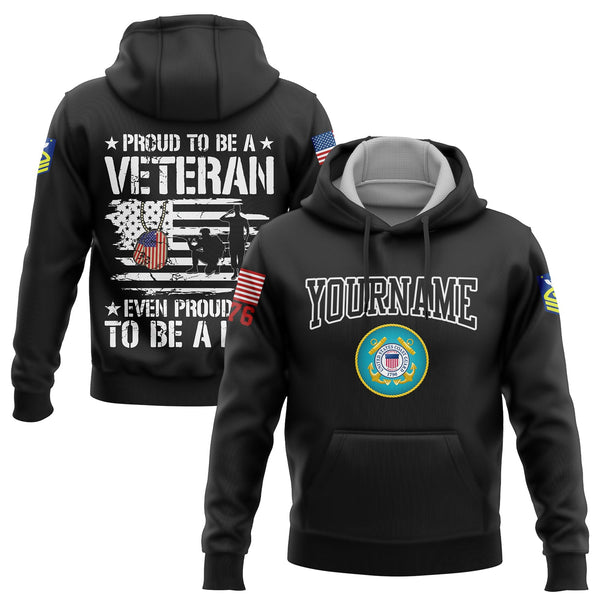 Custom Black Proud To Be A Veteran Even Prouder To Be A Dad 1776 Flag U.S Coast Guard Military Rank Name Veterans Day Hoodie | Father's Day Gifts