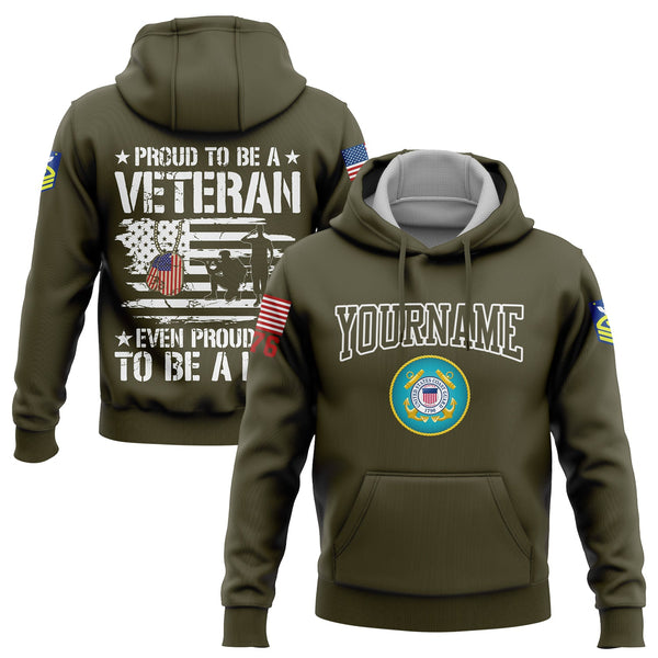 Custom Olive Proud To Be A Veteran Even Prouder To Be A Dad 1776 Flag U.S Coast Guard Military Rank Name Veterans Day Hoodie | Father's Day Gifts
