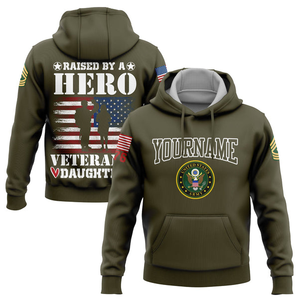 Custom Olive Raised By A Hero Veteran's Daughter 1776 Flag U.S Army Military Rank Name Veterans Day Hoodie | Father's Day Gifts