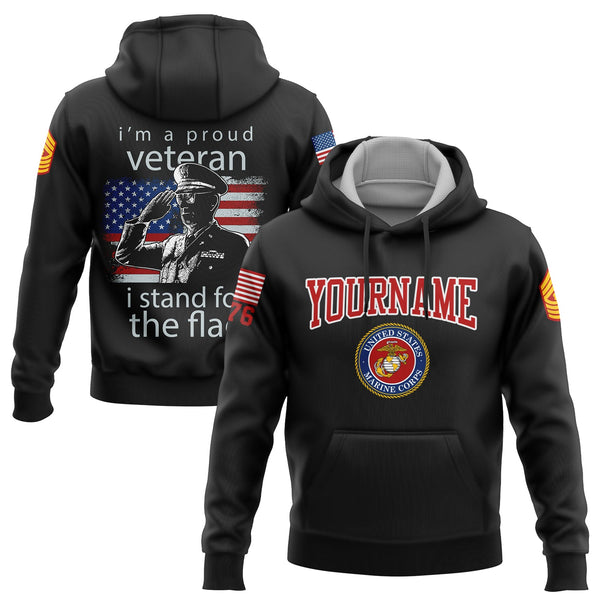 Custom Black I'm A Proud Veteran I Stand For The Flag 1776 Flag U.S Marine Corps Military Rank Name Veterans Day Hoodie | Father's Day Gifts