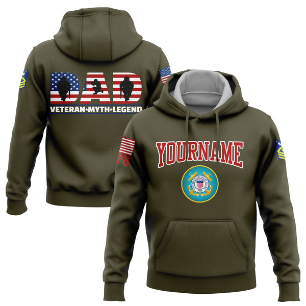 Custom Olive Dad Veteran Myth Legend 1776 Flag U.S Coast Guard Military Rank Name Veterans Day Hoodie | Father's Day Gifts
