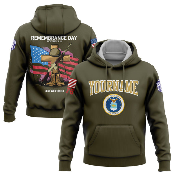 Custom Olive Remembrance Day November 11 Lest We Forget 1776 American Flag U.S Air Force Military Rank Name Memorial Day Hoodie