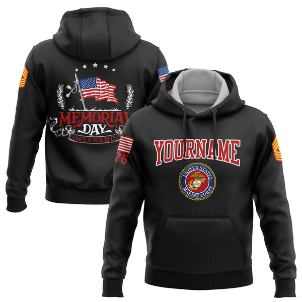 Custom Black 1776 American Flag U.S Marine Corps Military Rank Name Memorial Day Hoodie