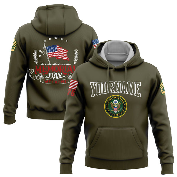 Custom Olive 1776 American Flag U.S Army Military Rank Name Memorial Day Hoodie