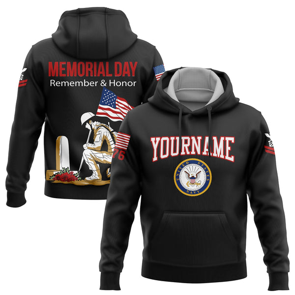 Custom Black Remember Honor 1776 American Flag U.S Navy Military Rank Name Memorial Day Hoodie