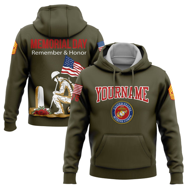 Custom Olive Remember Honor 1776 American Flag U.S Marine Corps Military Rank Name Memorial Day Hoodie